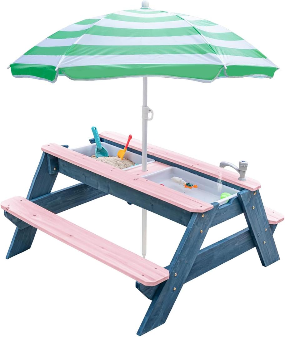 Kids 3-in-1 Sand & Water Table, Wood Outdoor Convertible Picnic Table with Umbrella, 2 Trays, Removable Top with Faucet, Picnic for Outdoor (Pink/Green)