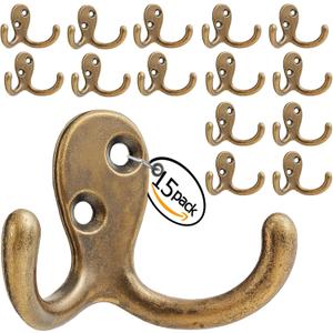 Coat Hooks Wall Hooks for Hanging - 15 Pack Bronze Double Prong Hook Wall Mounted - Great for Living Room, Bedroom, Entryway, Closet for Coat, Bag, Towel, Hat, Key, Cup, Heavy-Duty, Easy to Install