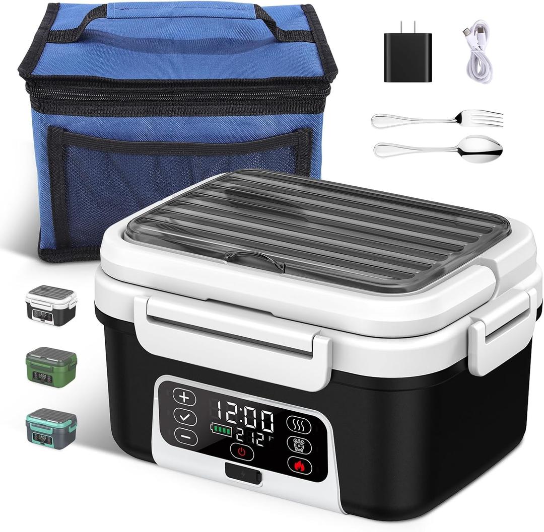 Cordless Electric Heated Lunch Box, 1.5L - 6.3 Cups 20000 mAh 100W Rechargeable Smart Self-Heating Food Warmer with Removable Divider, Spoon, Fork, BPA Free, Portable Lunchbox for Car Travel Office (White)