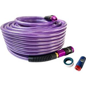 SANFU Polyurethane(PU) Air Hose 1/4-Inch x 100ft Reinforced, lightweight, Flexible, 300PSI With 1/4 Swivel Aluminum Universal 3IN1 Coupler and Plug, 1PCS Safety Coupler, Bend Restrictor