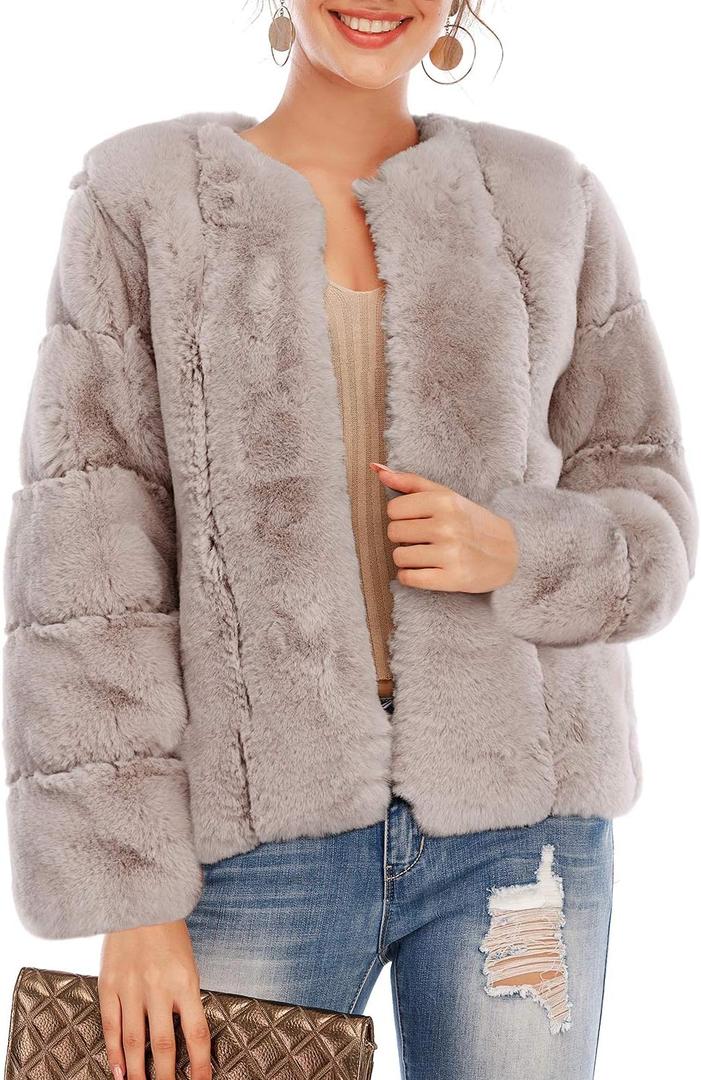BerryGo Women's Long Sleeve Open Front Fuzzy Faux Fur Coat (3X-Large, Khaki)