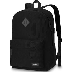 Black Backpack for School Teens Boys and Girls, Lightweight Casual Soft Corduroy Backpack for Men and Women, Large Cute Kids Bookbag, Daily-use Backpack with USB Charging Port Fits 17.3 Inch Notebook