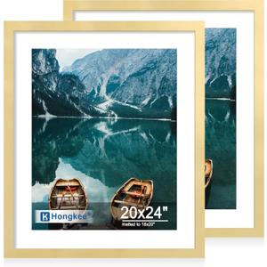 Hongkee 20x24 Frame Set of 2, Gold Wood Style - Display 16x20 Picture with Mat or 20 x 24 Poster without Mat, Wall Mounting Horizontal and Vertical