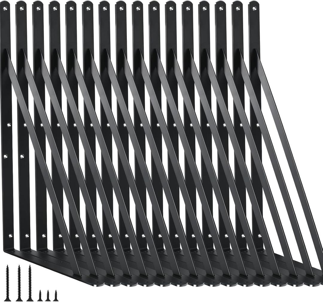 16 Pack L14 x H 10" Black Heavy Duty Shelf Brackets with Screws Metal Shelf Brackets Shelf Support Angle Brackets for Shelves L Brackets Heavy Duty Floating Shelf