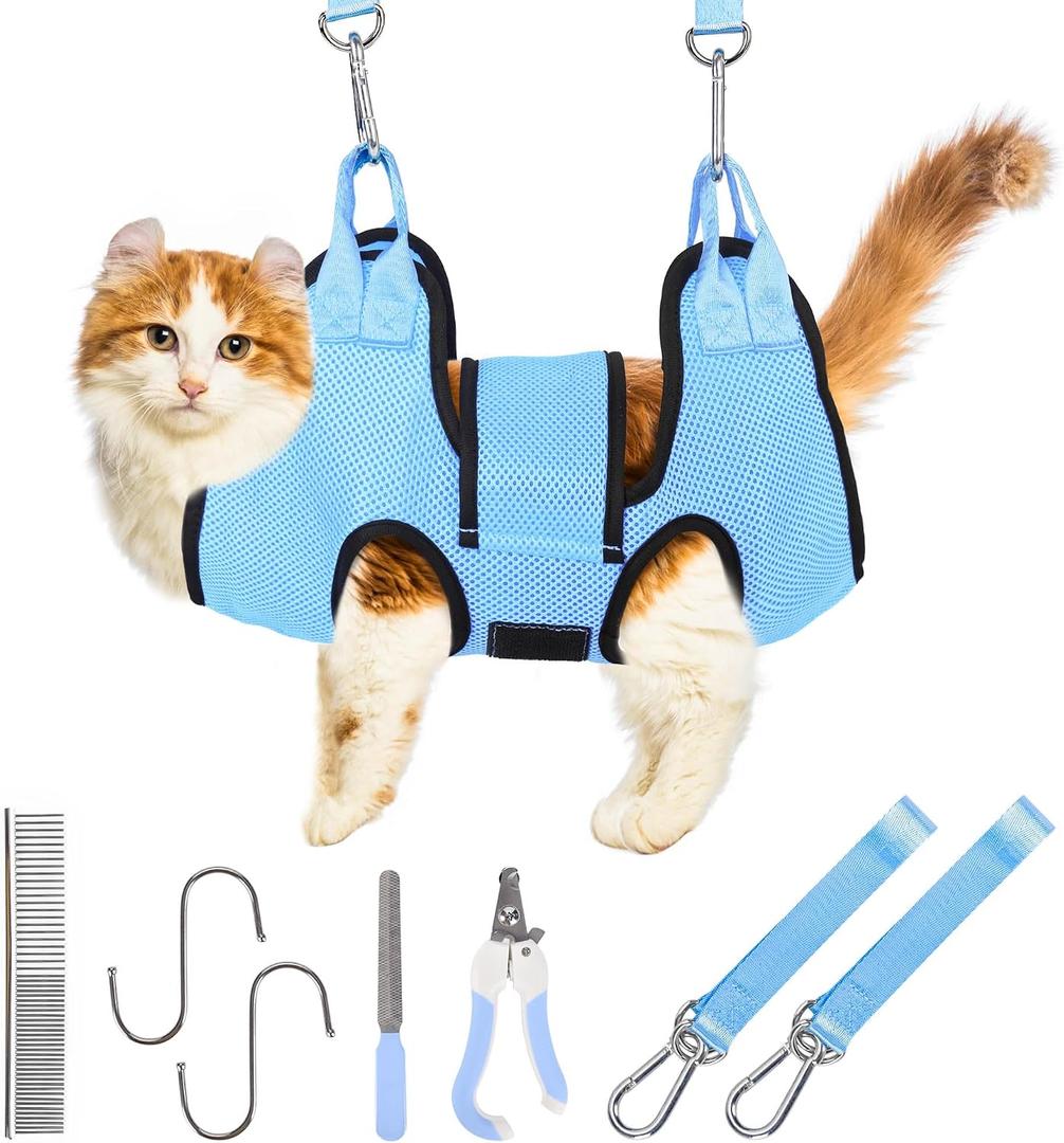 PatiencET Cat Grooming Hammock for Nail Trimming Pet Hammock for Small Dogs with Security Strap Dog Sling for Nail Clipping with Clippers Nail File and Pet Comb (Cerulean XS)