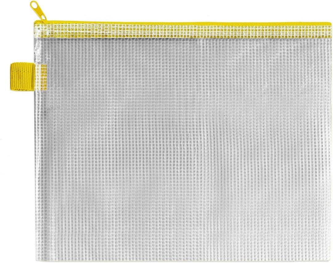 INDX Zip Pouch Reinforced Mesh-weave PVC Clear with Coloured Seal W240xD15xH190mm A5 Yellow Ref ZPYEL
