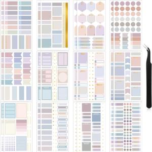 24 Sheets Pastel Functional Planner Stickers with Elbow Tweezer Mixed Metallic Functional and Elegant Stickers for Planners Notebooks Budgeting(Lovely Color)