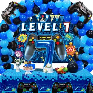 Vlipoeasn 90PCS 7th Birthday Video Game Party Decorations Set for Boys - Blue 7th Video Game Backdrop, Balloons, Tablecloth, Gamer and 7 Foil Balloons for 7th Birthday Party Supplies