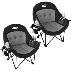 Coldbee 2PCS Oversized Camping Chairs for Adults - Heavy Duty Padded Folding Lawn Chairs with Cup Holders & Cooler Bag, Comfy Outdoor Chair for Picnic, Beach, Fishing (Black)