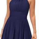 SHEKINI Womens Elegant One Piece Swimdress High Neck Swim Dress Ruched Swim Skirt (Large, Deep Blue)