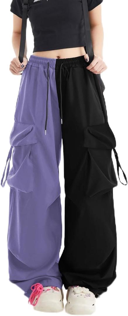 Skateboard Frog Women Y2K Baggy Streetwear Hip Hop Parachute Pants Lightweight Wide Leg Drawstring Cargo Pants Dance (Large, Black)