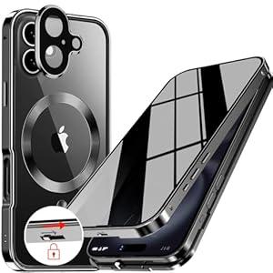[CD Metal Ring & Automatic Pop-up Lock Magnetic Privacy Case for iPhone 12 Pro Max [Compatible with MagSafe] [Integrated Lens Protection] Full Body Bumper Cover Built-in 9H Glass-Black