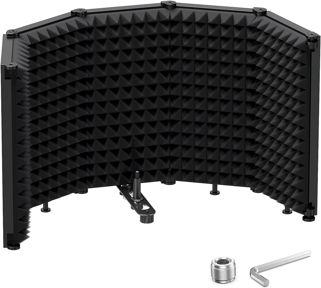 Moukey Microphone Isolation Shield, Foldable Mic Shield with Triple Sound Insulation, Reflection Filter with 3/8" and 5/8" Mic Threaded Mount for Recording Studio, Podcasts, Singing, and Broadcasting (L(29.9''x12.8''))