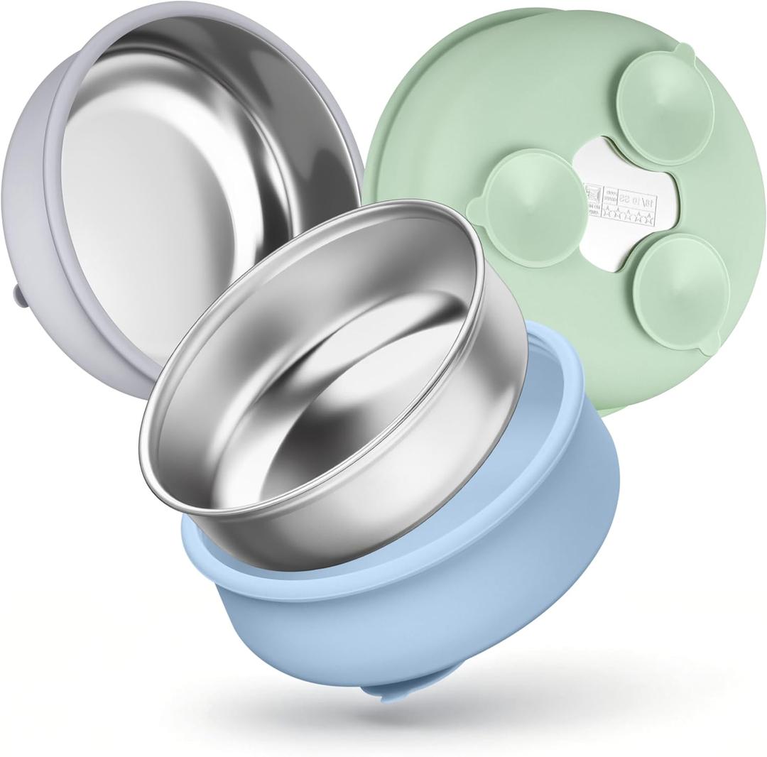 HaWare Baby Bowls with Suction, Stainless Steel Toddler Bowl with Removable Silicone Sleeve, Non-Slip Child Food Bowl with Silicone Suction, Unbreakable Kids Bowls for Feeding, Blue+Green+Grey, 3 Pack