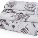 JSD 100% Cotton Floral Sheet Set King, 300 Thread Count Printed Sateen Sheets, Soft Breathable Cooling Bed Sheets Deep Pocket, Grey White (White Black Herbs)