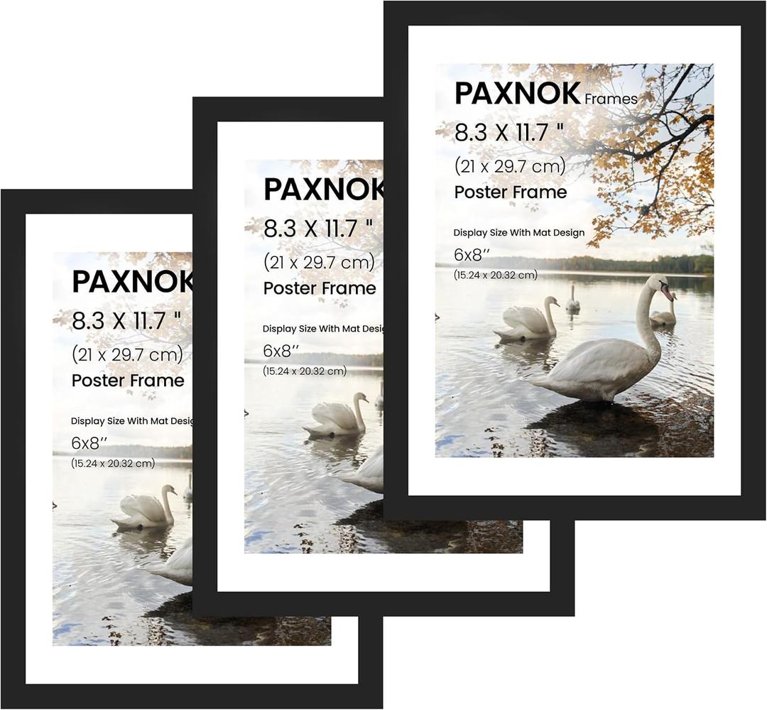 A4 Frame Black - Display 6x8 Picture Frame With Mat or 8.27x11.69 Inch Without Mat, Set of 3, Poster Frames, Certificates Documents Frames, Wall Gallery Photo Frames