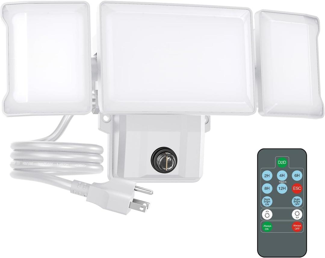 Olafus 60W Plug in Flood Lights Dusk to Dawn Outdoor Lighting, 6000LM LED Security Light with Remote, IP65 Waterproof, 6500K Daylight Exterior Floodlight for Yard Garage Garden White