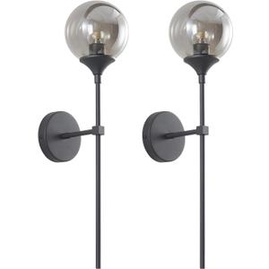 KCO Lighting 1-Light Matte Black Mid Century Wall Sconce Set of Two Modern Bathroom Vanity Globe Wall Light Set of 2 Vintage Smoke Gray Glass Wall Bedroom Wall Lamp