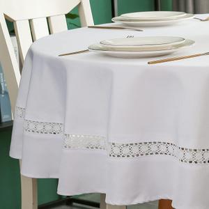 EHouseHome Heavy Duty Fabric Tablecloth with White Lace-Waterproof/Wrinkle Free/Stain Resistant/Oil Proof-for Dining,Indoor&Outdoor,Wedding,Holiday,White,Round 60Inch