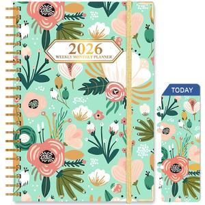 2026 Planner, Jan.2026 - Dec.2026 Planner Weekly and Monthly 6.25"x8.5" with with Page Tabs, Calendar Hardcover with Inner Pocket, Elastic Band, Twin-Wire Binding, Bookmark, Green Flowers