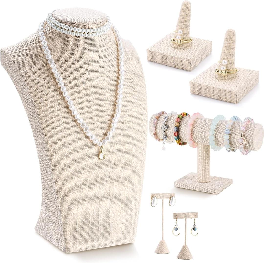 Kigley 6 Pcs Jewelry Display Set Necklace Bust T Bar Bracelet Holder Earring Ring Finger Display jewelry Stand for vendors Selling Store Trade Show(Linen)