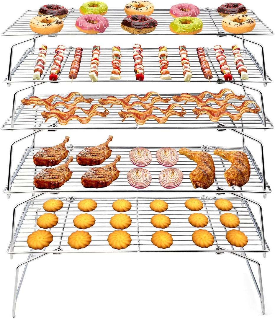 TeamFar Cooling Rack, 5-Tiers Stainless Steel Baking Cooling Wire Rack for Baking Roasting Cooking, Healthy & Firmly Weld, Stackable & Collapsible, Dishwasher Safe, 15x10
