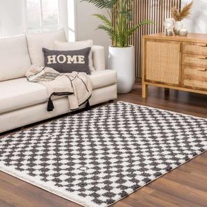 Hauteloom Kieu Contemporary Checkered Fluffy Shag Area Rug - Modern Geometric Soft Carpet Tiles for Living Room, Kids Room, Nursery - Black, White - 6'7" x 9' (Dark Gray, Off White / Kieu)