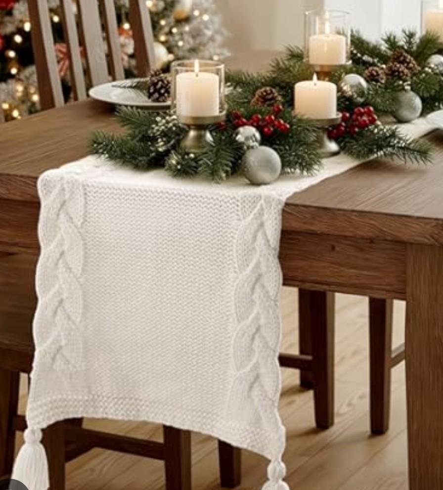 MelonBoat Cable Knitted Table Runner: 12X72 Inch Boho Cream White Braided Table Runner, Farmhouse Christmas Table Runner with Tassels, Christmas Table Decoration for Home Banquet Dining Holiday Party