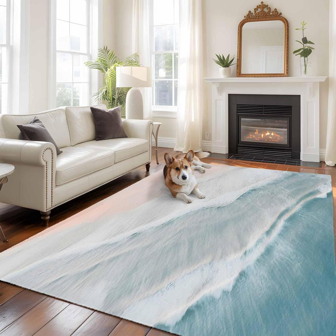Ocean Beach Large Area Rugs 8x10 ft Summer Waves Gradient Boho Washable Rug Non Slip Indoor Carpet Absorbent Floor Mat for Living Room Bedroom Dining Room,8' x 10' (Rectangular), Pink