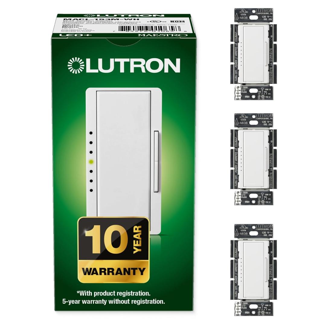 Lutron Maestro LED+ Dimmer Switch for Dimmable LED, Halogen and Incandescent Bulbs, 150W/Single-Pole or Multi-Location, MACL-153M-WH-3, White (3-Pack)