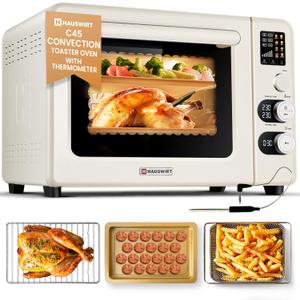 HAUSWIRT C45 Smart Convection Oven with Thermometer, 42QT XL Large Capacity Oven, Double Bake, 8 Menu Modes Countertop Oven, Four-tier Baking Rack,LED Display,1800W,80F - 500F,Non-Stick, Cream White