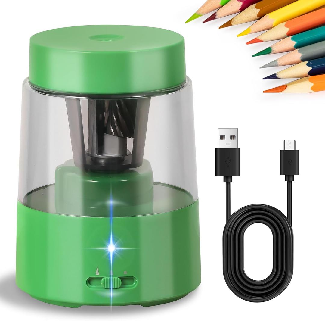ZMOL Electric Rechargeable Pencil Sharpener, Automatic Pencil Sharpeners Kids, Battery Pencil Sharpeners for Colored Pencils, Auto Stop, Suitable for No.2(6-8mm), Classroom/Home Green