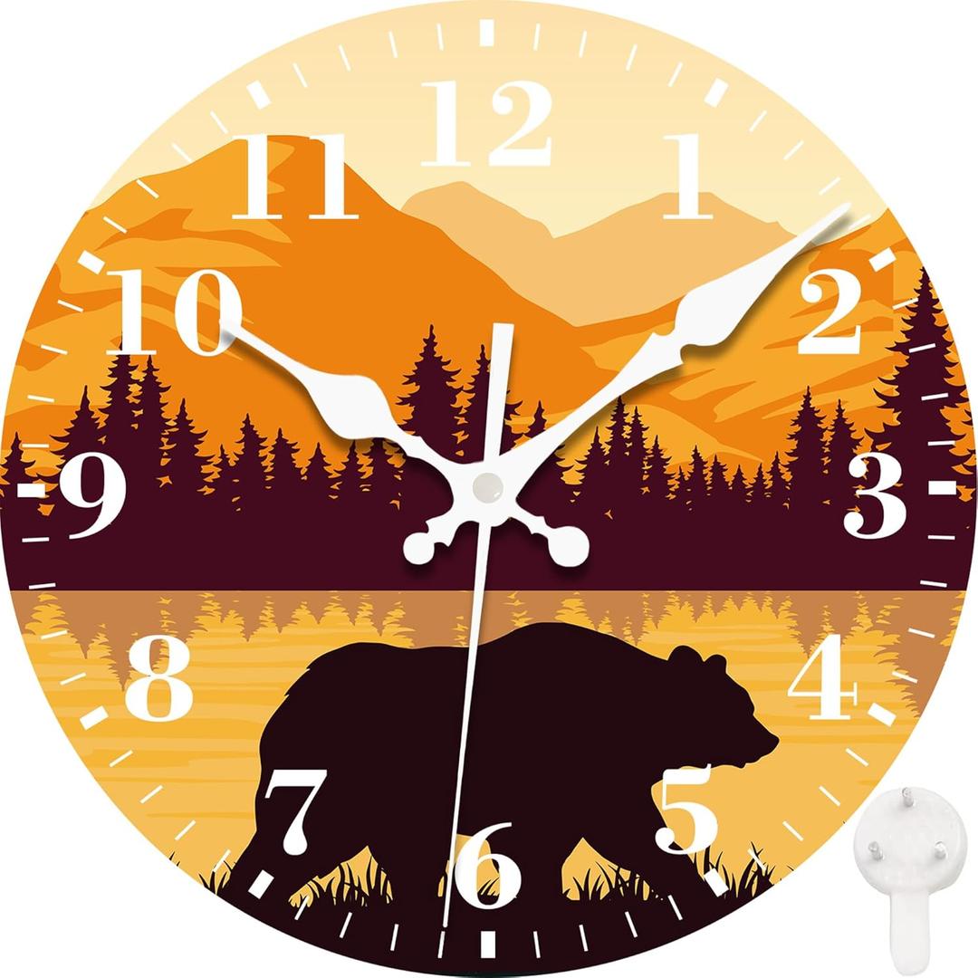 Wall Clocks Battery Operated, Bear and Forest Silent Non Ticking Decorative Indoor Outdoor Wall Clocks for Living Room Kitchen Bedroom Bathroom 12"