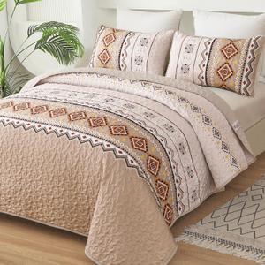 WONGS BEDDING Boho Beige Quilt Set Queen Size,Geometry Printed Bedspread Coverlet Set with 2 Pillowcases,Soft Bohemian Bedding Set Queen 96"90"