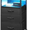 Nightstand with Charging Station, LED Night Stand with Drawers (Fabric), Bedside Table with Open Shelf, End Table with Steel Frame, 3 Drawer Dresser for Bedroom, Small Space, Black Nightstand