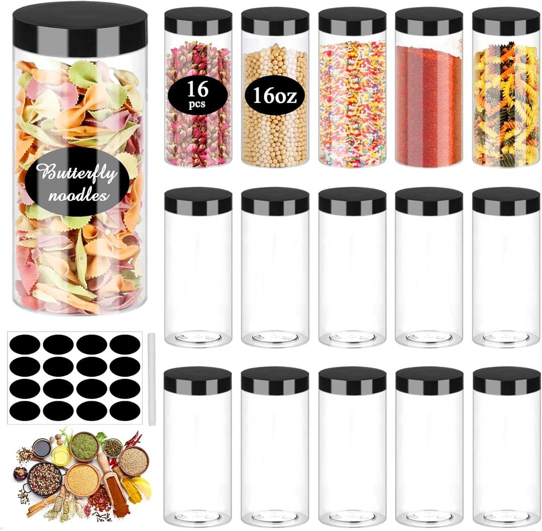 SLifeJars Plastic Jar with Lids 16oz Clear Empty Containers 16Pcs Straight Cylinders Storage Jars with Airtight Black Lid Stackable Refillable Round Plastic Jars for Kitchen Food & Home Storage SLifeJars Plastic Jar with Lids 16oz Clear Empty Containers 16Pcs Straight Cylinders Storage Jars with Airtight Black Lid Stackable Refillable Round Plastic Jars for Kitchen Food & Home Storage