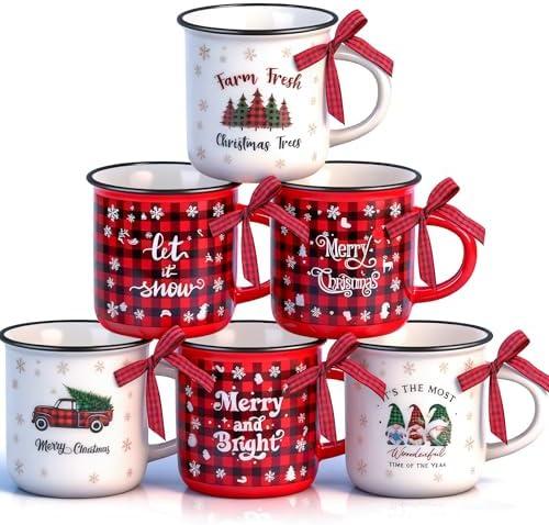 6 Pcs Christmas Mini Coffee Mugs with Plaid Ribbon Red Black Plaid Xmas Tree Truck Snowflake Coffee Mug, 5 oz Mini Farmhouse Tiered Tray Decor Coffee Cups for Housewarming Gift Xmas Centerpieces Decor