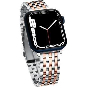 Seven-link Watch Band for Apple Watch Series 11, 10, 9, 8, 7, 6, 5, 4, 3, 2, 1 and SE 3/2/1 for Women, Dressy Stainless Steel Metal Band for Apple Watch 40mm 41mm 42mm 38mm 44mm 45mm 46mm for iWatch (Silver RoseGold Boyfriend)