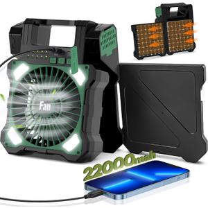 22000mAh Camping Solar Fan, Dual-Panel Rechargeable Solar Powered Fan with LED Light, 5 Adjustable Speeds Battery Powered Portable Fans, USB-C Fans for Travel Tent Home Camping Accessories (Green)