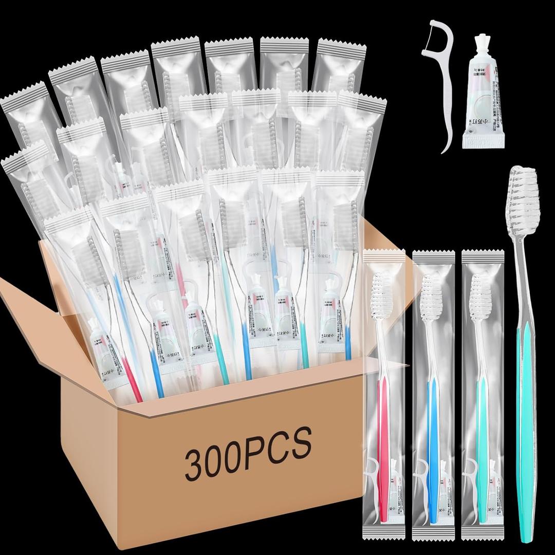 Maxcheck 300 Sets Disposable Toothbrushes Bulk with Toothpaste and Dental Floss Individually Wrapped Travel Toothbrush Set Homeless Supplies for Hotel Guest