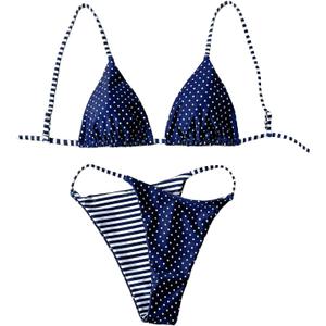 WDIRARA Women's Polka Dots Striped Bikini Set Triangle Swimsuit Two Piece Bathing Suit Blue White Small