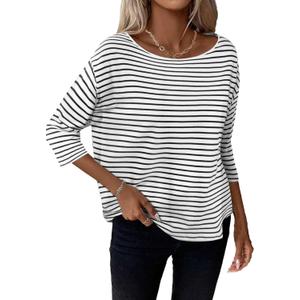 SOFIA'S CHOICE 3/4 Length Sleeve Women's Tops Striped Shirt Boat Neck Loose Fit Shirts White Black X-Large (XL)