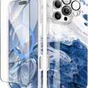 GVIEWIN for iPhone 16 Pro Case Compatible with MagSafe, with Screen & Lens Protectors, Military-Grade Protection Slim Marble Shockproof Magnetic Phone Case for 16 Pro 6.3", Azurite Drift/Blue