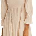R.Vivimos Women's Summer Cotton Plaid Puff Sleeves Bow Casual Off-Shoulder Boho Midi Dress (Beige, M)