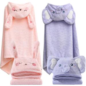 2 Pack Hooded Towels for Toddlers - Thick 55" x 27.5" Baby Bath Towel Set for Girls and Boys - Super Absorbent, Age 1-5, Elephant & Rabbit
