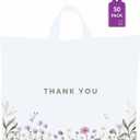 Purple Q Crafts Thank You Bags for Business and Stores 50 Pack 15" W x 12" H Floral Plastic Shopping Bags With Soft Loop Handle