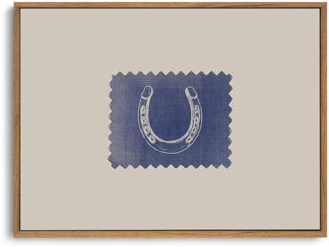 ZZLWBKGL Vintage Western Framed Wall Art Retro Lucky Horseshoe Canvas Wall Art Rustic West Pictures Decor Country Minimalist Denim Patch Art Prints for Living Room Bedroom