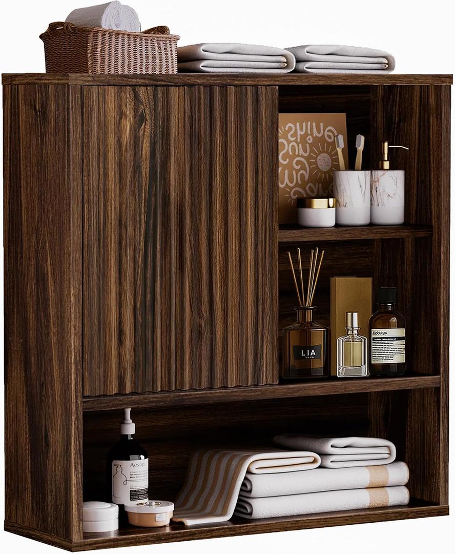 Farmhouse Bathroom Wall Cabinet Fluted,Medicine Cabinet Over The Toilet Storage Cabinet with Adjustable Shelf, Wood Wall Mounted Storage Cabinet Organizer 23.2Wx24Hx7.6D (Dark Walnut, Medium)