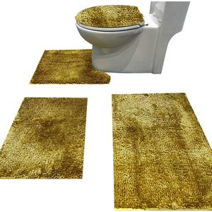 Madeals Chenille Bath Rug Sets 4 Piece with Toilet Lid Cover and Rug Set Combo, Soft Shaggy Bath Rug Set 3 Piece and UShaped Toilet Floor Rug Golden, Gld, 20"x 32"/16"x 24"/Contour/Lid Cover
