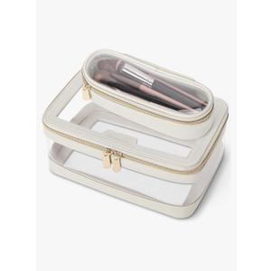 Travel Clear Makeup Bag with Makeup Brush Bag, Leather Make up Case Toiletry Bag, Portable Cosmetic Bag Case, Transparent Waterproof Cosmetic Organizer Storage Bag for Women, Off-White